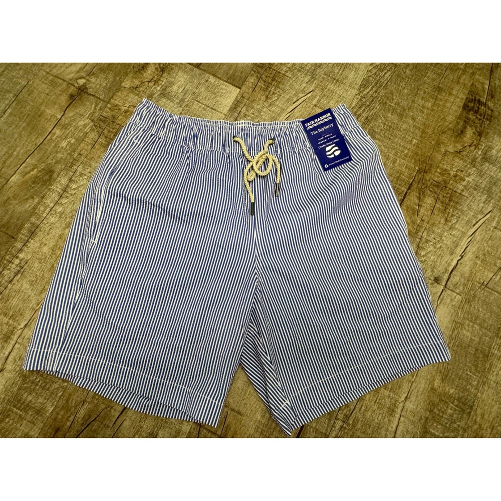 Fair Harbor The Bayberry Swim Trunks Blue White Seersucker Stripe Mens Small